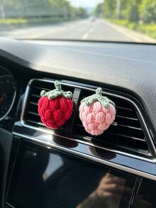 1pc Handmade Woven Strawberry Car Air Vent Decor, Women's Car Interior Air Conditioning Vent Ornament - A - View 2
