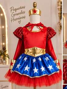 Disfraz Infantil de Guerrera con Vestido Rojo, Falda Azul con Estrellas, Capa, Cinturón, Muñequeras y Botas Decorativas para Niña - Rojo - Ver 3