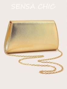 Artistic Ring Handle Evening Clutch Bag, Curved Flap Design, Minimalist Elegant Style, Exquisite Texture, Can Be Paired With Thin Chain Strap For Crossbody Wear, Suitable For Banquets And Parties, Creating A Light Luxury High-End Atmosphere Outfit, Perfect Accessory For Formal Dresses - Gold - View 5