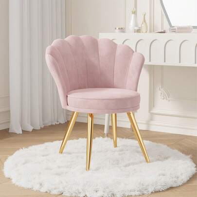 Hawthyhome Silla de maquillaje rosa de terciopelo, respaldo en forma de concha, silla de acento con patas de metal dorado, silla acolchada y cómoda para dormitorio, tocador, sala de estar, fácil de montar