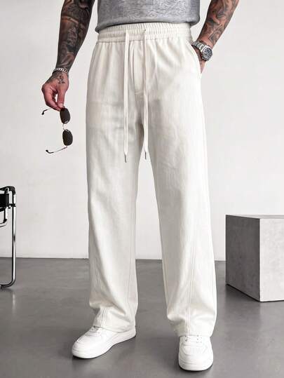 Blueprint Man 1pc Men's Pants, Beige Wide Leg Long Pants, Smooth Woven Fabric, Skin-Friendly And Easy Care, Full Elastic Waist Design Fits All Waist Sizes, Machine Washable, Minimalist Relaxed Casual Style, Daily Commute, Street Wear, Men's Long Pants Old Money Style