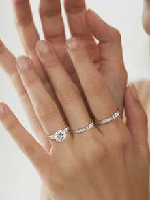 1件裝莫桑鑽戒指套組 奢華2CT皇冠三件式鑽戒組合，適合女性婚禮佩戴 - 銀色 - 查看 5