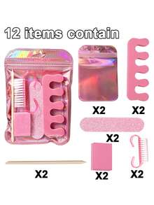Bộ 6 món dụng cụ làm móng, bộ làm nail nghệ thuật di động gồm dũa móng, miếng đệm mút, kẹp tách ngón chân, bàn chải làm sạch móng, que đẩy da gỗ, dụng cụ chăm sóc móng chuyên nghiệp cho làm nail DIY, dùng tại nhà và du lịch - Hồng - Xem 13