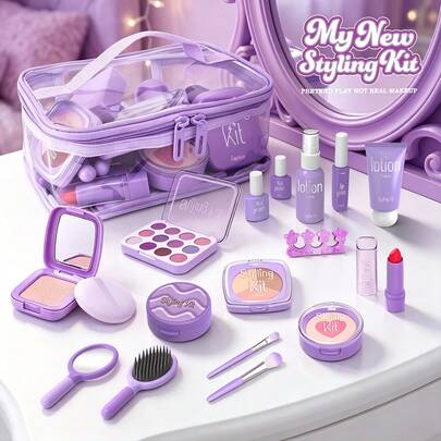 Juego de maquillaje de juguete para niñas de color púrpura, juguetes de maquillaje simulados, kit completo de accesorios con sombras de ojos, rubor, polvo, lápiz labial, mascarilla facial, perfume y esmalte de uñas realistas, cosméticos no reales, regalo educativo de juego de roles para niños, regalo de cumpleaños, regalo de Navidad, regalo de Halloween, interacción entre padres e hijos, juguete de disfraz para niñas