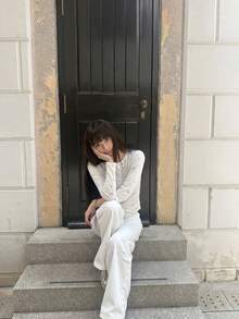 甜美女孩休閒提花兔子蝴蝶結印花女款亨利領長袖上衣，秋季 - 米白色 - 查看 9