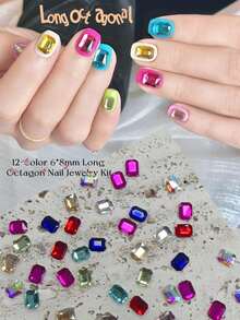 60/10pcs 12 Random Colors Rectangle Flatback Rhinestone Set, High Luster K9 Nail Art Gems, Suitable For Home Nail Art, Nail Salons, Nail Supply Vendors, Halloween, Christmas Nail Art, Reusable - Multicolor - View 3
