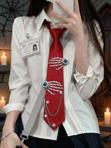 1pc Gothic Halloween Red Necktie With Skeleton Hand & Eyeball Decor, Metal Chain Punk Cosplay Tie - Multicolor - View 8