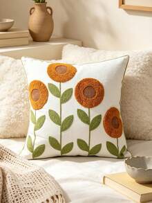 1pc Nordic Style Sunflower Embroidered Pillow Case, Creamy Bedroom Sofa Decorative Cushion, Living Room Sofa Atmosphere Decor Bed Headboard, Zipper Closure, Machine Washable, Pillow Insert Not Included - Multicolor - View 1