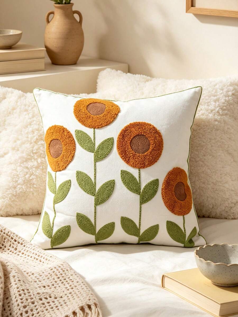 1pc Nordic Style Sunflower Embroidered Pillow Case, Creamy Bedroom Sofa Decorative Cushion, Living Room Sofa Atmosphere Decor Bed Headboard, Zipper Closure, Machine Washable, Pillow Insert Not Included - Multicolor - View 1