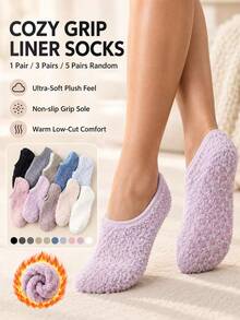 1/3/5 Pairs Random Styles Women's Fuzzy Slipper Socks, Soft Warm Plush Non-Slip Grip Low-Cut Socks For Winter Home, Sleep & Travel - Multicolor - View 1