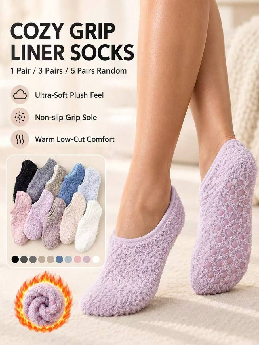 1/3/5 Pairs Random Styles Women's Fuzzy Slipper Socks, Soft Warm Plush Non-Slip Grip Low-Cut Socks For Winter Home, Sleep & Travel - Multicolor - View 1