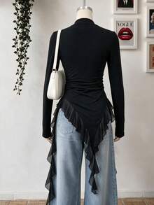 Women's Autumn/Winter Outfit, T-Shirt, Fashionable Solid Color Slim Fit Sexy Top, Autumn/Winter Layering, Suitable For Commuting, Elegant And Fashionable - Black - View 2