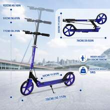 Adult Foldable Two-Wheeled Scooter, Height Adjustable Kick Scooter With Rear Brake & Suspension System, Thickened Black Frame High Load Bearing Portable Urban Commuter Scooter For Outdoor Travel - Blue - View 11