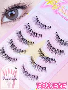 5 Pairs Fox Eye Full Strip False Eyelashes, Slender Elongated Outer Corner Lashes, Soft Thin Band, Fluffy Natural Voluminous, Comes With Makeup Tool Gift, Suitable For Charming Cat Eye Makeup - Black - View 7
