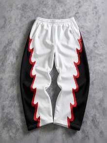 Krometka Men's American Street Style Side Jagged Contrast Print Wide Leg Sweatpants, Drawstring Elastic Waist Straight Leg Casual Long Pants - White - View 5
