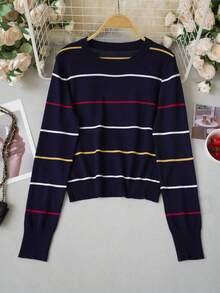 Halloween Christmas New Year Navy Stripe Knit Top Women Slim Cropped Long Sleeve Crew Neck Retro Preppy Holiday Party Tee - Navy Blue - View 5