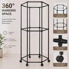 Movable Circular Clothes Rack, Gold-Colored Garment Rack With Wheels And Top Cover - Black - View 7