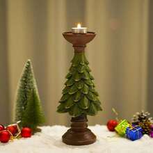 1pc Christmas Tree Candle Holder, Resin Holiday Candle Stand, Vintage Green & Brown Christmas Flat - A - View 4