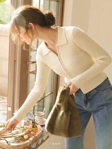Knit Mix Elegant Women's Autumn And Winter Fashion Daily Home Casual Basic Simple Slim Fit Knitted Ribbed Lapel Long Sleeved Sweater Cardigan Top - White - View 1