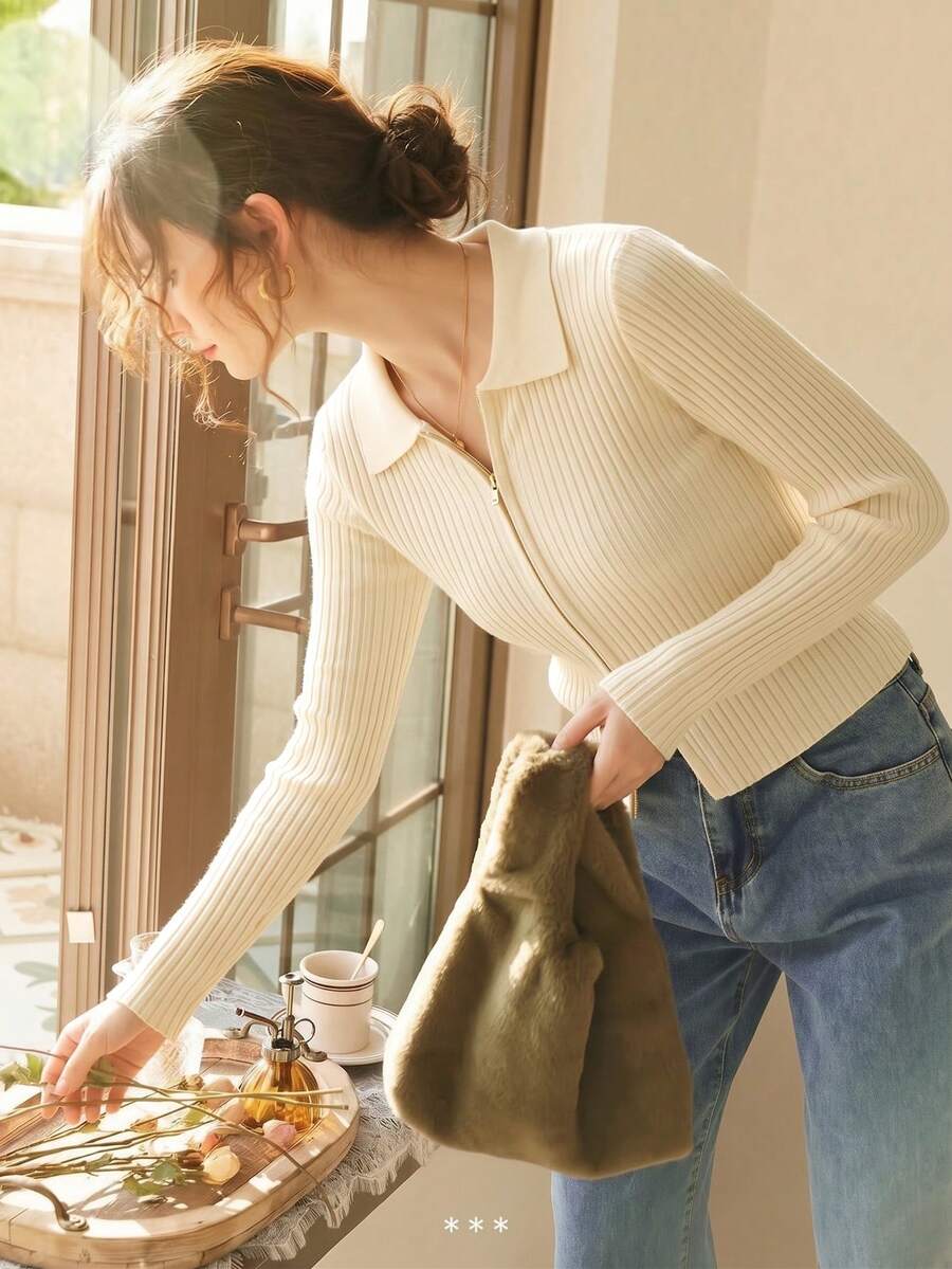 Knit Mix Elegant Women's Autumn And Winter Fashion Daily Home Casual Basic Simple Slim Fit Knitted Ribbed Lapel Long Sleeved Sweater Cardigan Top - White - View 1