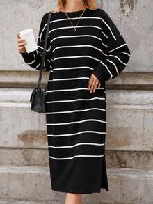 Sweater Dress; Women Striped Pattern Drop Shoulder Polo Neck, 26 Fall/ Winter New - Black - View 7