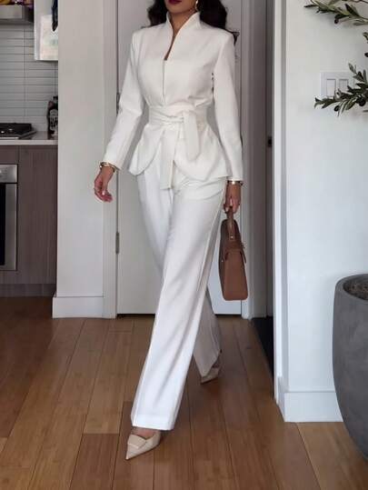 2pcs Set Commuter Business Workplace French Style Elegant Tie Waist Long Sleeve Blouse Jacket + Loose Wide Leg Pants Set, Elegant Women's Sets, Casual Sets For Women, Work Outfits For Women