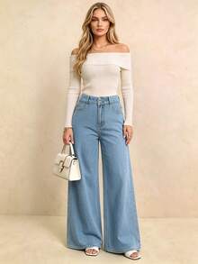 Minimalist Casual 2-Button Wide Leg Denim Jeans, Women's All-Match Everyday Versatile Long Pants - Light Wash - View 4