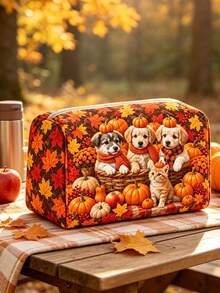 全新 2D Hello Autumn 可愛狗狗南瓜花卉圖案化妝包，輕巧便攜，寵物愛好者適用，可堆疊收納；採用透氣網布與可水洗內裡製成；適合收納化妝刷、口紅、保養瓶、珠寶等物品，滿足日常整理、過夜旅行、度假與健身房收納需求；旅行愛好者的理想選擇，助您整潔便利地整理小物件 - 彩色 - 查看 1
