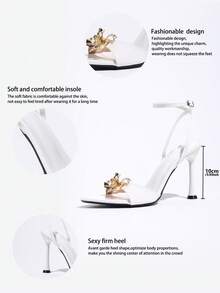 Women's Pointed Toe Elegant Metal Flower Decor High Heel Sandals, With Buckle, No Back Strap, Suitable For Daily Wear, Party, Banquet, Wedding, Versatile White Shoes - White - View 7