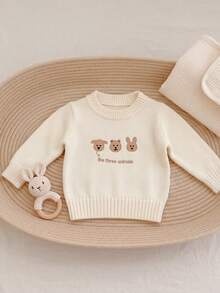 Sweater Rajut Pullover Bayi Unisex Warna Krem Putih dengan Bordir Hewan Kartun, Atasan Kasual untuk Bayi dan Balita dengan Leher Bulat dan Bordir Beruang, Kelinci, dan Anjing. - Aprikot - View 4