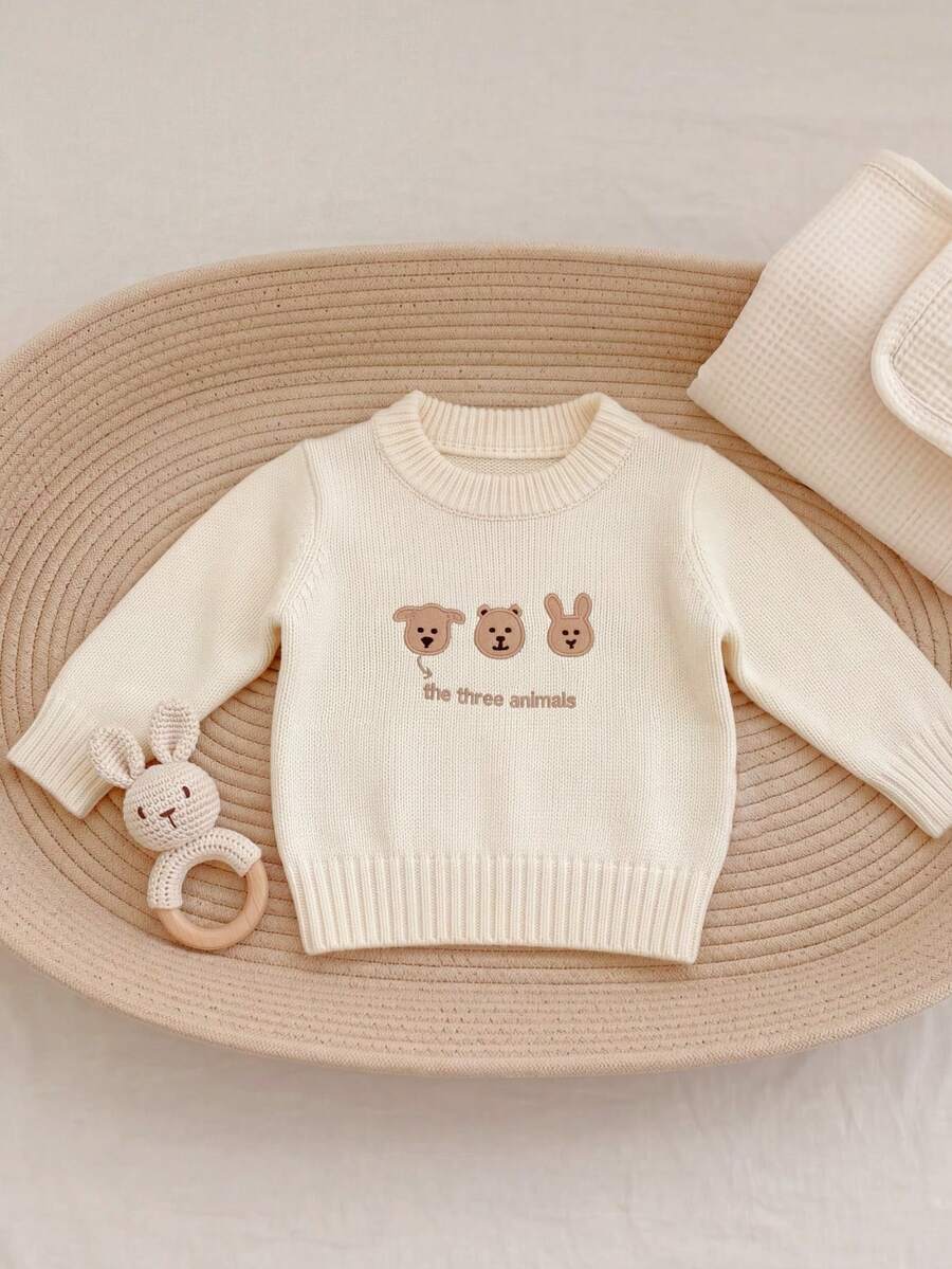 中性嬰兒乳白色卡通動物刺繡針織套頭毛衣,幼兒圓領熊兔狗刺繡長袖羅紋袖口下擺休閒上衣 - 杏色 - 查看 1