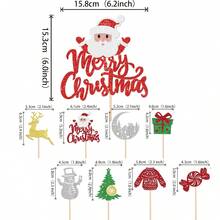 1Pc/16pcs Christmas Cake Topper Merry Christmas Cake Decorations With Santa, Reindeer, Snowman, Christmas Tree, Gift Box And Candy Designs, Red Green Gold Glitter Cake Picks For Holiday Party Supplies - Multicolor - View 2