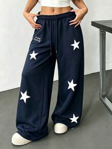 Navy Blue Star Patchwork Wide Leg Sweatpants, Letter Embroidery Drawstring Elastic Waist Loose Street Style Sports Pants - Navy Blue - View 1