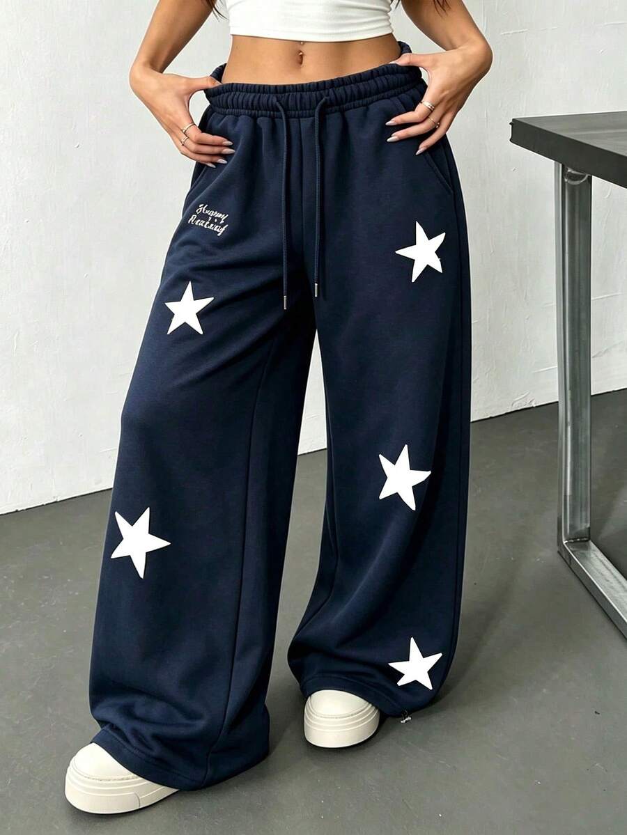 Navy Blue Star Patchwork Wide Leg Sweatpants, Letter Embroidery Drawstring Elastic Waist Loose Street Style Sports Pants - Navy Blue - View 1