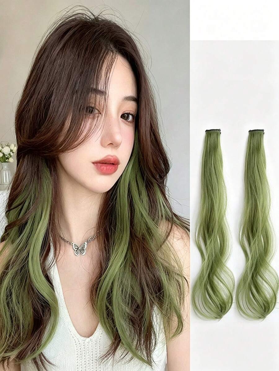 1pc Women Green Highlighted Hair Extension Piece, Invisible Realistic Long Airy Hair Extensions, Invisible Realistic Long...Hair Strands, Trimmable Length