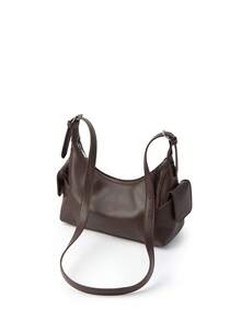 Women Vintage Crescent Hobo Shoulder Bag, Side Pockets Metal Chain Charm Pendant Solid Brown Retro Daily Underarm Purse - Multi-color - View 4
