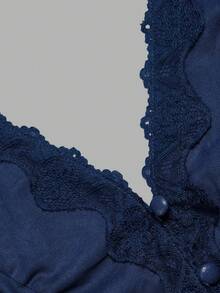 Fall Women Lace Trim V‑Neck Peplum Blouse, Puff Long Sleeve Button Front Tie‑Back Fitted Top - Navy Blue - View 6
