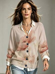 Women's V-Neck Knit Floral Pattern Cardigan, Casual Autumn For Outings Fall - Multicolor - View 1