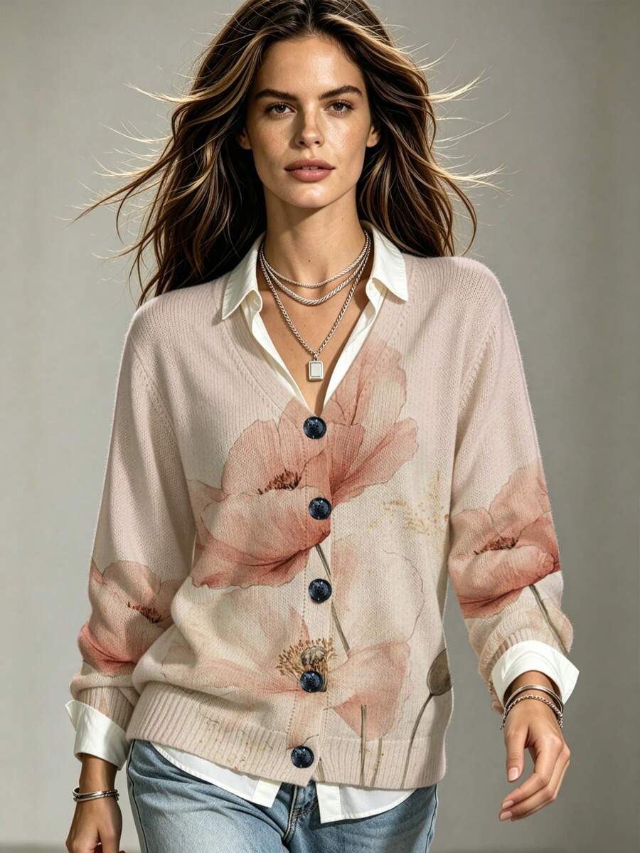 Women's V-Neck Knit Floral Pattern Cardigan, Casual Autumn For Outings Fall - Multicolor - View 1