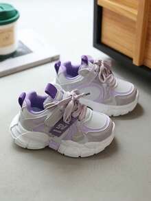 1 Pair Autumn New Girls' Colorblock Functional Chunky Sneakers, Anti-Collision Toe, Hook And Loop Soft Sole Durable Baby Walking Shoes, Sneakers - Purple - View 1