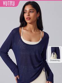 VUTRU Women's Loose Long Sleeve Sports T-Shirt Cover-Up, Lightweight U-Neck Drawstring Top For Pilates And Ballet - Navy Blue - View 1