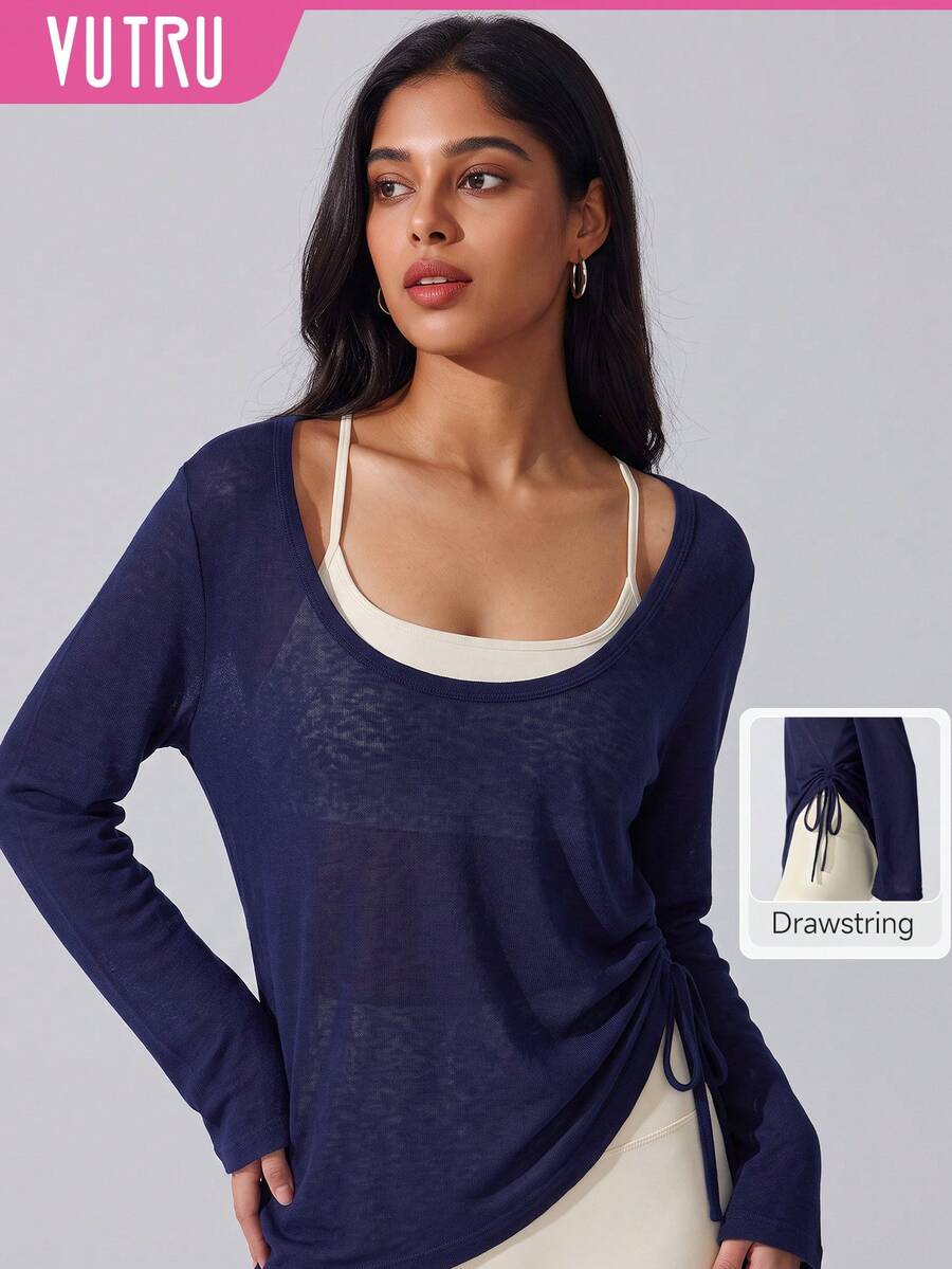 VUTRU Women's Loose Long Sleeve Sports T-Shirt Cover-Up, Lightweight U-Neck Drawstring Top For Pilates And Ballet - Navy Blue - View 1