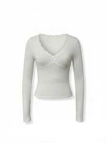 White V-Neck Lace Brushed Base Layer Slim Fit Innerwear Women Autumn Winter Blouse - White - View 10