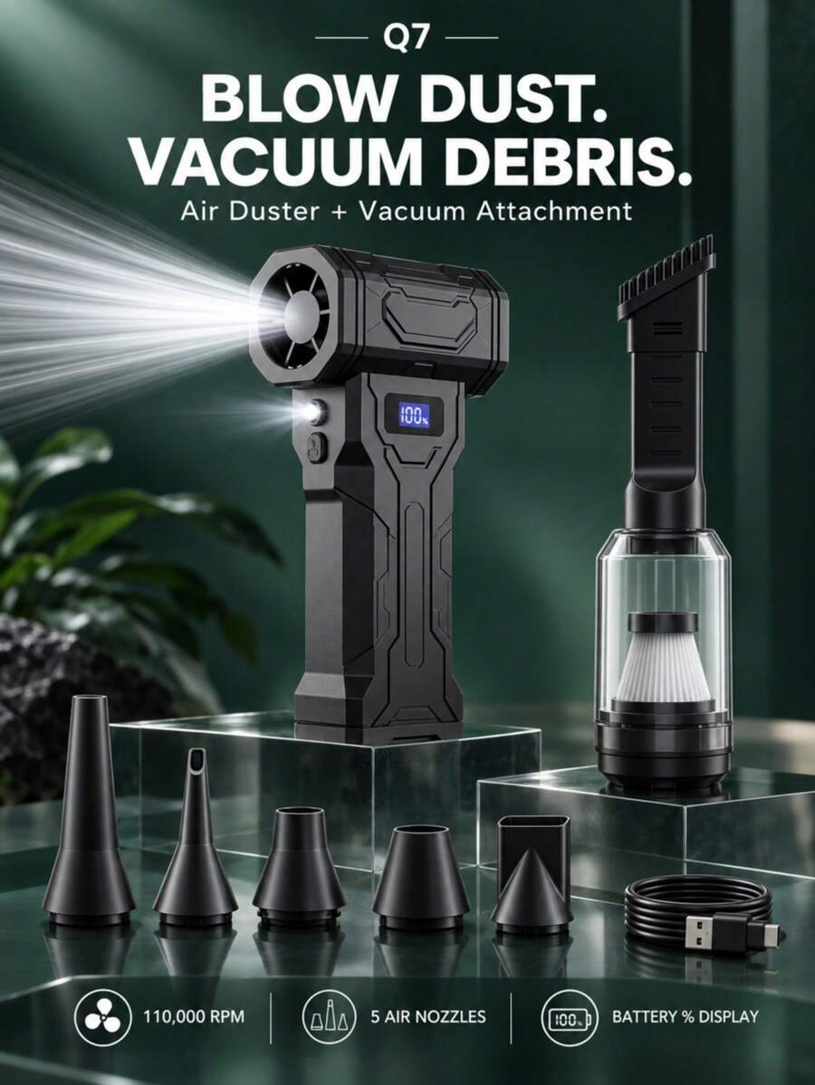 Powerful Turbo Fan 110,000RPM Brushless Motor Handheld Blower (Optional Vacuum), Adjustable Speed Rechargeable Air Duster, Suitable For Computer Cleaning, Car Detailing, Garden Dust And Leaf Removal