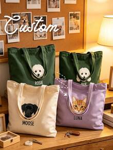 Personalized Pet Photo And Name Tote Bag, Large Capacity Shoulder Bag, Customizable Foldable Personalized Tote Bag Featured With Name Logo Text, Available In Various Colors, Solid Color Large Capacity Shoulder Bag, Suitable For Work, Travel And School, Suitable For Holidays. Ideal Gift For Birthday, Anniversary And Valentine's Day. - Multicolor - View 5