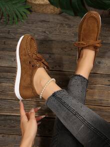 Khaki Suede‑Effect Lace‑Up Casual Shoes, Fine Contrast Edge Stitching, Simple Thick‑Sole Women Moccasins For Outdoor Wear - Brown - View 4