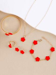 6pcs/Set Lucky Clover Designed Bracelet, Necklace, Earrings, Bangle And Ring Set - Red - View 4