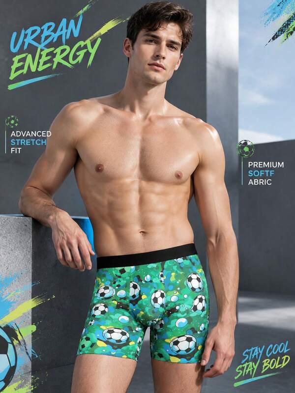 1pc Men's Boxer Briefs, Green Water Ripple Football Pattern, Soft And Comfortable, Suitable For Daily Wear Or As A Beautiful Gift For Boyfriend