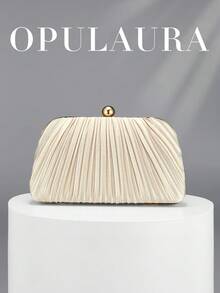 OpulAura 復古奢華手拿包，杏色亮面百褶設計時尚派對包，正式晚宴手拿包，高端小方包，適合派對/婚禮/正式場合晚餐活動女士包，附鏈條 - 杏色 - 查看 5