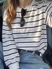 Women's Striped Print Crew Neck Sweatshirt, Loose Drop Shoulder Casual Long Sleeve Pullover - White - View 4